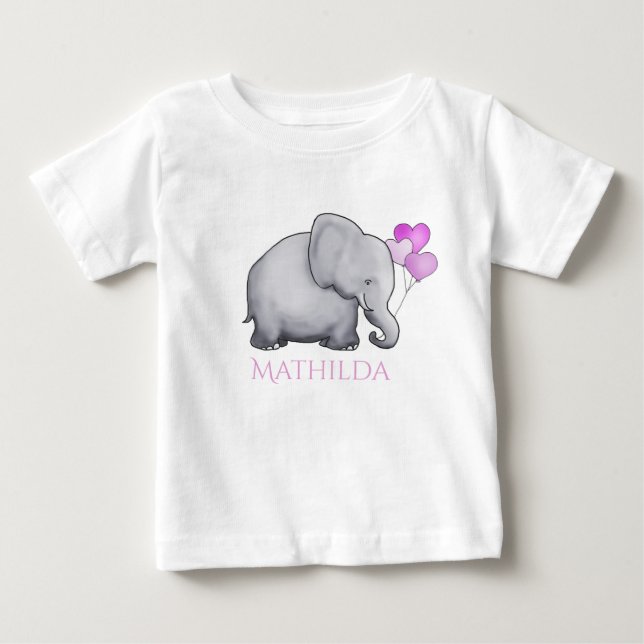 Gullig elefant för personligrosababy med ballonger t shirt (Framsida)