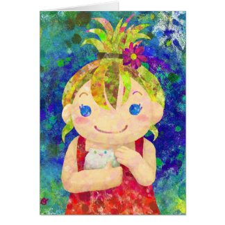 gullig flicka & vitguniagris hälsningskort