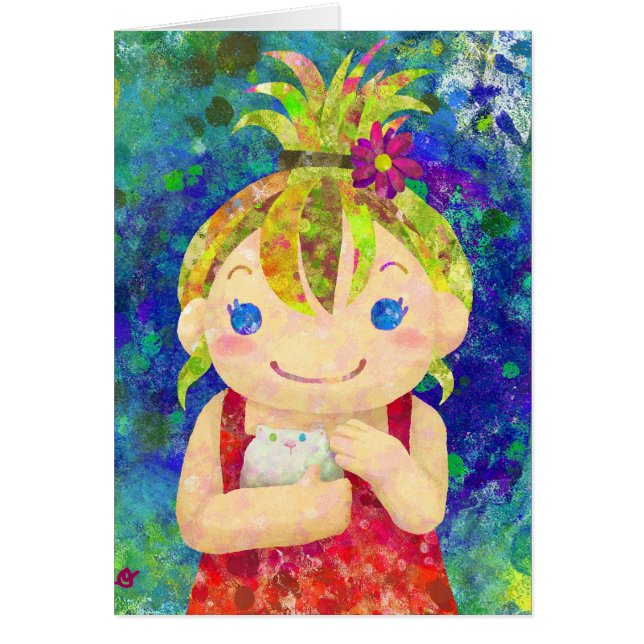gullig flicka & vitguniagris hälsningskort (Framsidan)