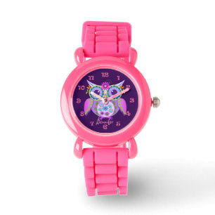 Gullig flower poweruggla, clocknumbers & armbandsur