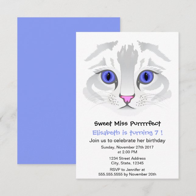 Gullig födelsedagsfest för flicka för tabby inbjudningar (Fram/baksida)