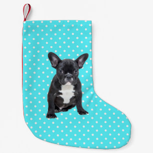 Gullig fransk polka dots för bulldoggvalpblått liten julstrumpa
