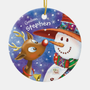 Gullig Godson, snögubbe & hjort, jul Julgransprydnad Keramik