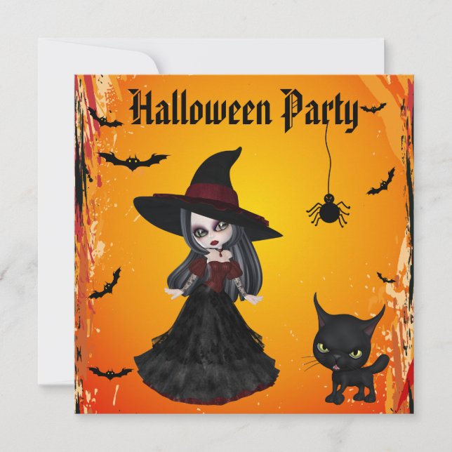 Gullig gotisk häxa- & katthalloween fest inbjudningar (Framsida)