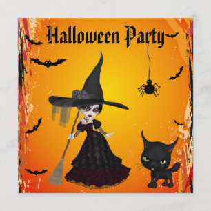 Gullig gotisk häxa- & katthalloween fest inbjudningar