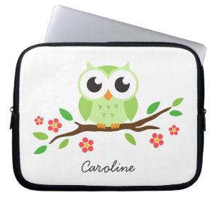 Gullig grön uggla på blom- grenpersonlignamn laptop sleeve