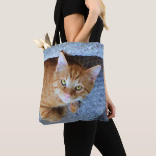 Gullig grönt synar den orange tabby katt tygkasse