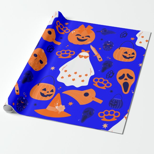 gullig halloween-blommigtens spökblå orange presentpapper (Utrullad)