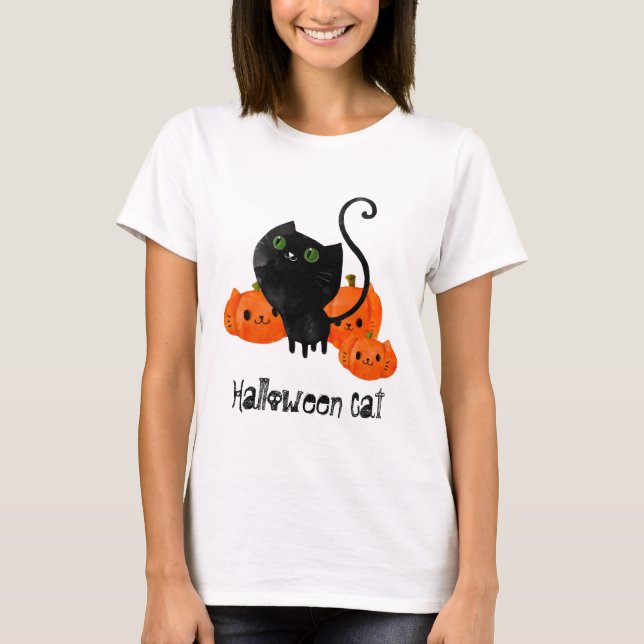 Gullig Halloween katt med pumpor Tee (Framsida)