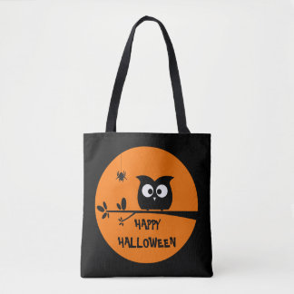 Gullig Halloween uggla med skräddarsy månefärger Tygkasse