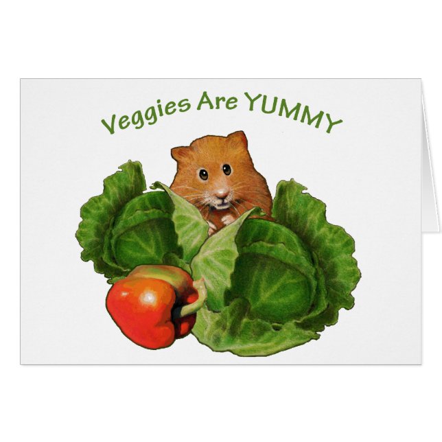 Gullig Hamster: Veggies är smaskiga: Vård- näring Hälsningskort (Framsidan Horizontal)