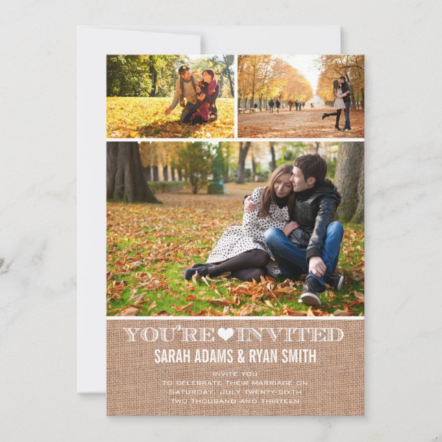 Gullig hjärtaBurlap som gifta sig inbjudan för tre (Framsida)