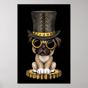 Gullig hund för Steampunk mopsvalp, svart Poster