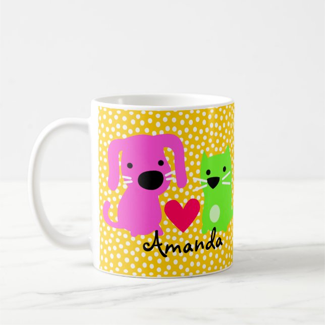 Gullig hund & katt & hjärta kaffemugg (Vänster)