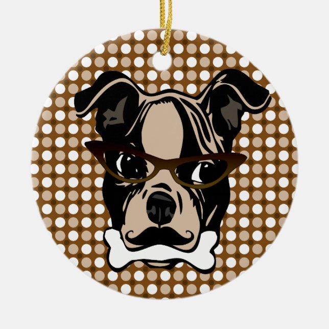 Gullig hund med mustasch, glasögon & ben i mun julgransprydnad keramik (Framsidan)