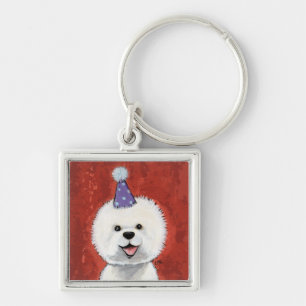 Gullig illustration för Bichon Frise partyhund Fyrkantig Silverfärgad Nyckelring