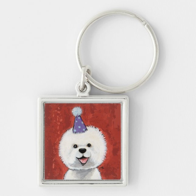 Gullig illustration för Bichon Frise partyhund Fyrkantig Silverfärgad Nyckelring (Framsidan)
