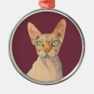 Gullig illustration för Sphynx kattvattenfärg Julgransprydnad Metall