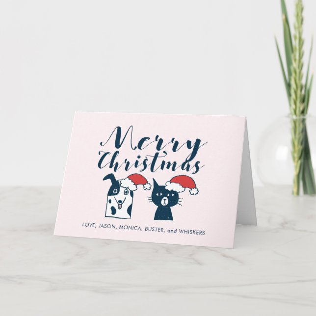 Gullig jul för Santa hund- och kattillustration Helgkort (Framsida)