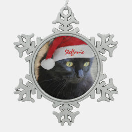 Gullig julaftonkatt med den Santa hatten, Snöflinga Pewter Julgransprydnad
