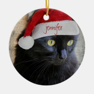 Gullig julaftonkatt, röd baksida, personlignamn/ julgransprydnad keramik