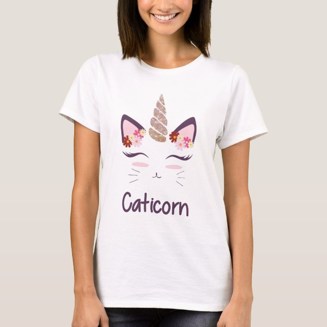 Gullig katt med Unicornhornen och blommaT-tröja T Shirt (Framsida)
