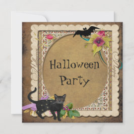 Gullig katt- och fladdermössvintagehalloween fest inbjudningar