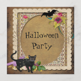 Gullig katt- och fladdermössvintagehalloween fest inbjudningar