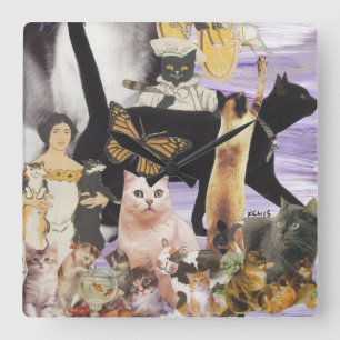 Gullig kattCollage 4 Fyrkantig Klocka