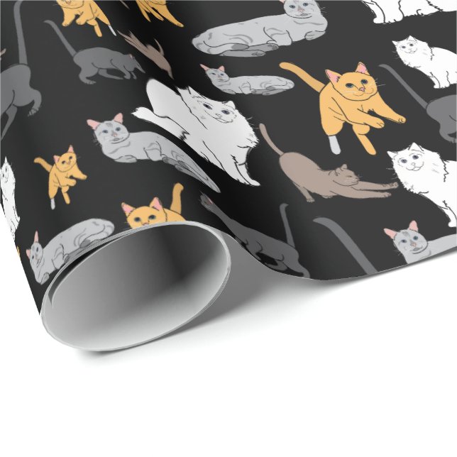 Gullig kattmönsterillustration på svart bakgrund presentpapper (Rullad Hörn)