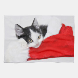 Gullig kattunge i den Santa hatten Kökshandduk