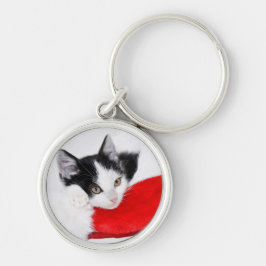Gullig kattunge i den Santa hatten Rund Silverfärgad Nyckelring