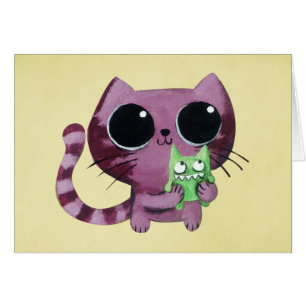 Gullig kattunge med det lite gröna monster hälsningskort