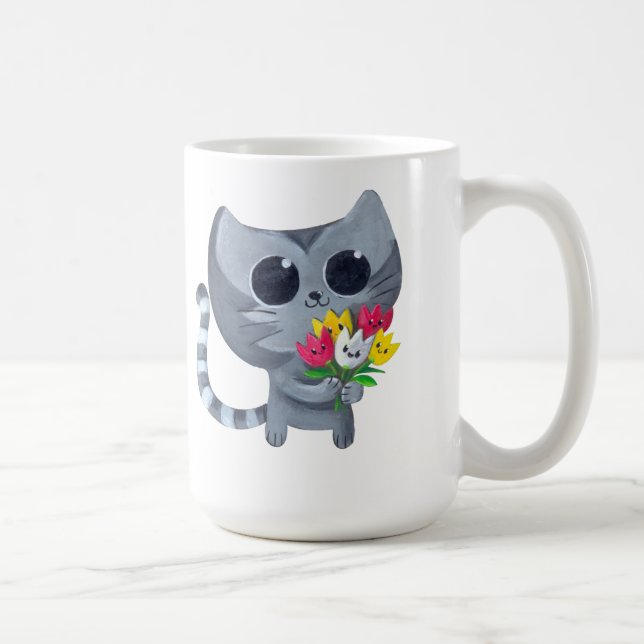 Gullig kattunge och blommor kaffemugg (Höger)