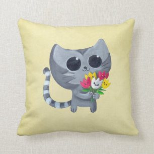 Gullig kattunge och blommor kudde