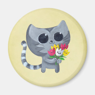 Gullig kattunge och blommor magnet