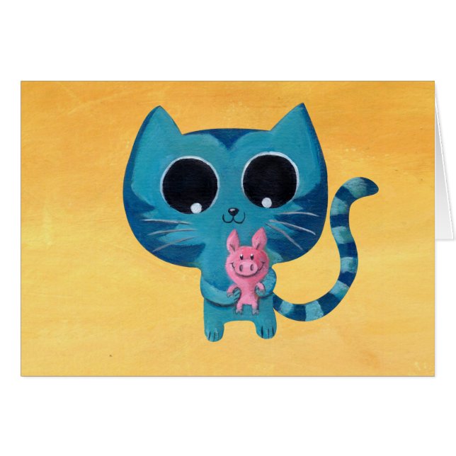 Gullig kattunge och gris hälsningskort (Framsidan Horizontal)