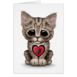 Gullig kattungekatt med albansk flaggahjärta, vit hälsningskort
