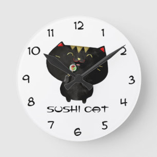 Gullig Kawaii svart Sushikatt Rund Klocka
