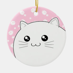 Gullig Kawaii vitkattunge Julgransprydnad Keramik