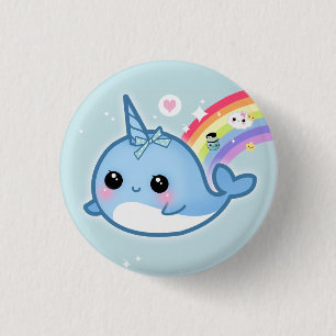 Gullig kawaiibebis som är narwhal med regnbågen knapp