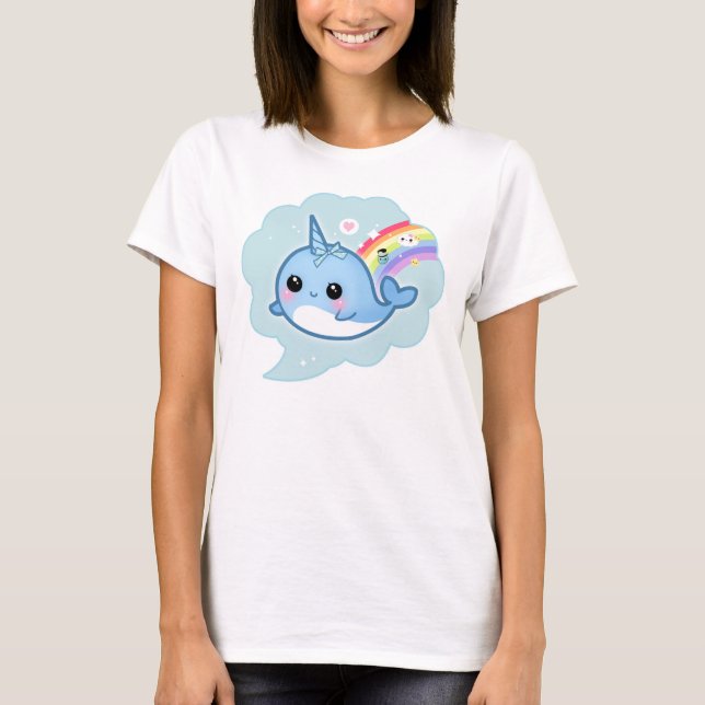 Gullig kawaiibebis som är narwhal med regnbågen t-shirt (Framsida)