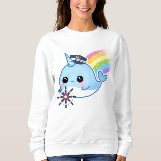 Gullig kawaiikapten som är narwhal med regnbågen t-shirt (Framsida)