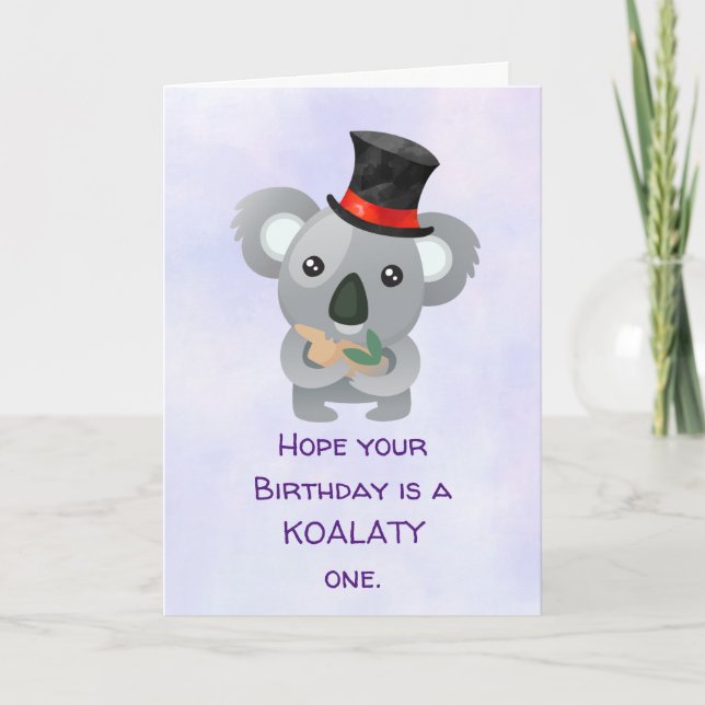 Gullig Koala för Koalaty födelsedagvits i top hat Kort (Framsida)