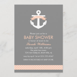 Gullig korall ankrar den nautiska temababy shower inbjudningar