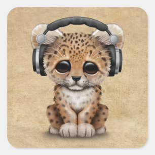 Gullig Leopardunge Dj som ha på sig hörlurar Fyrkantigt Klistermärke