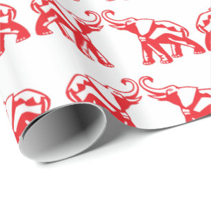 Gullig lycklig röd elefant som slår in papper presentpapper