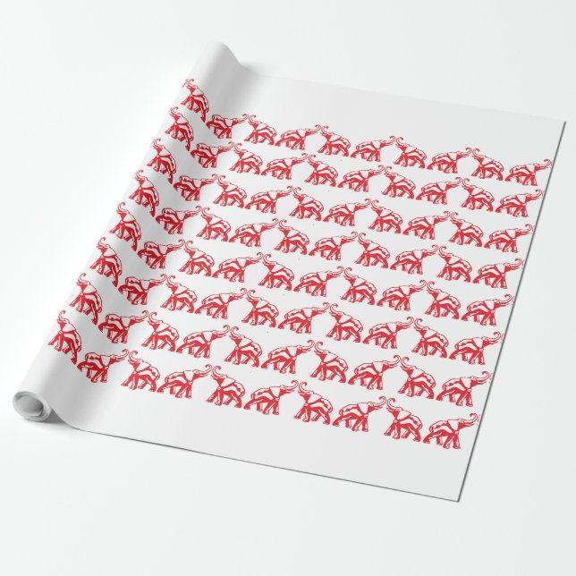 Gullig lycklig röd elefant som slår in papper presentpapper (Utrullad)