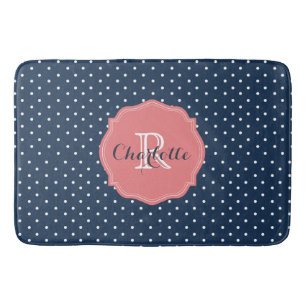 Gullig marinblå polka dots och korallMonogram Badrumsmatta