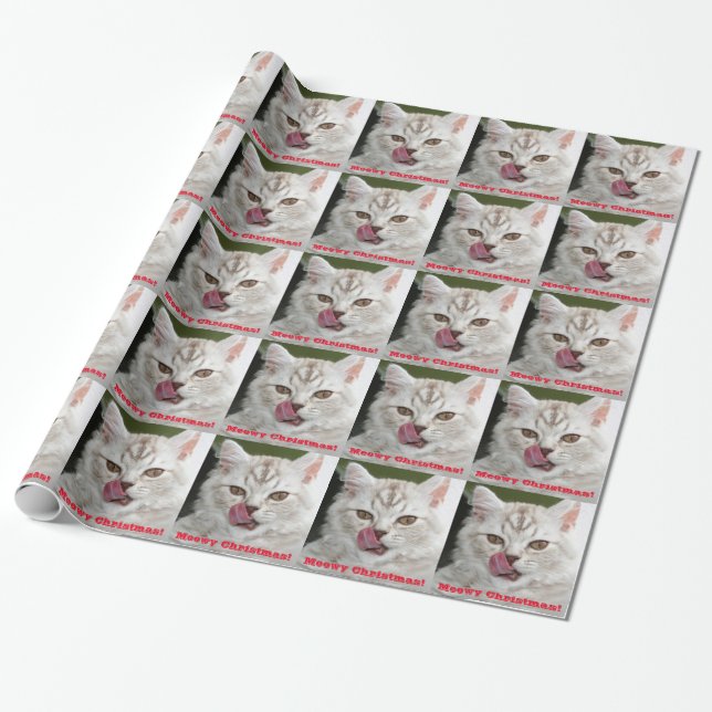 Gullig Meowy jul, rolig kattunge som slår in Presentpapper (Utrullad)